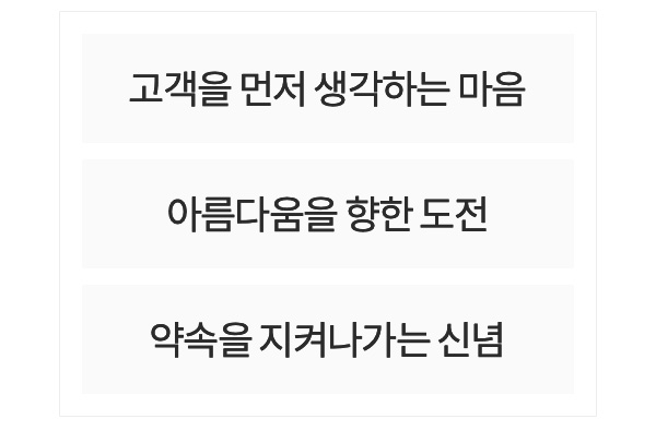 고객을 먼저 생각하는 마음, 아름다움을 향한 도전, 약속을 지켜나가는 신념